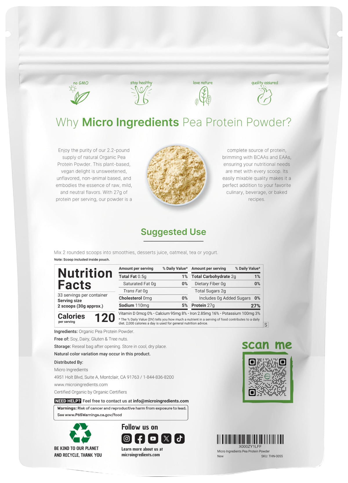 Organic Pea Protein Powder, 1KG (2.2 Pounds), Plant-Based Vegan S725