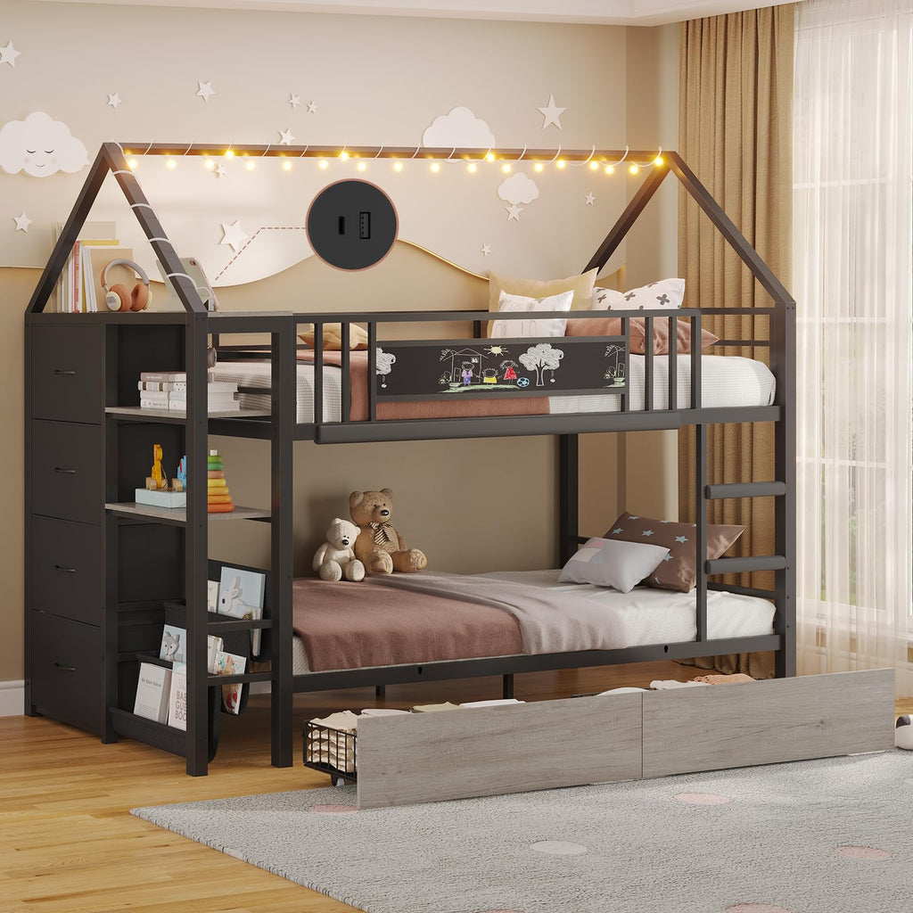 Twin Bunk Bed with Storage Bookshelf, 6 Drawers & USB V10225