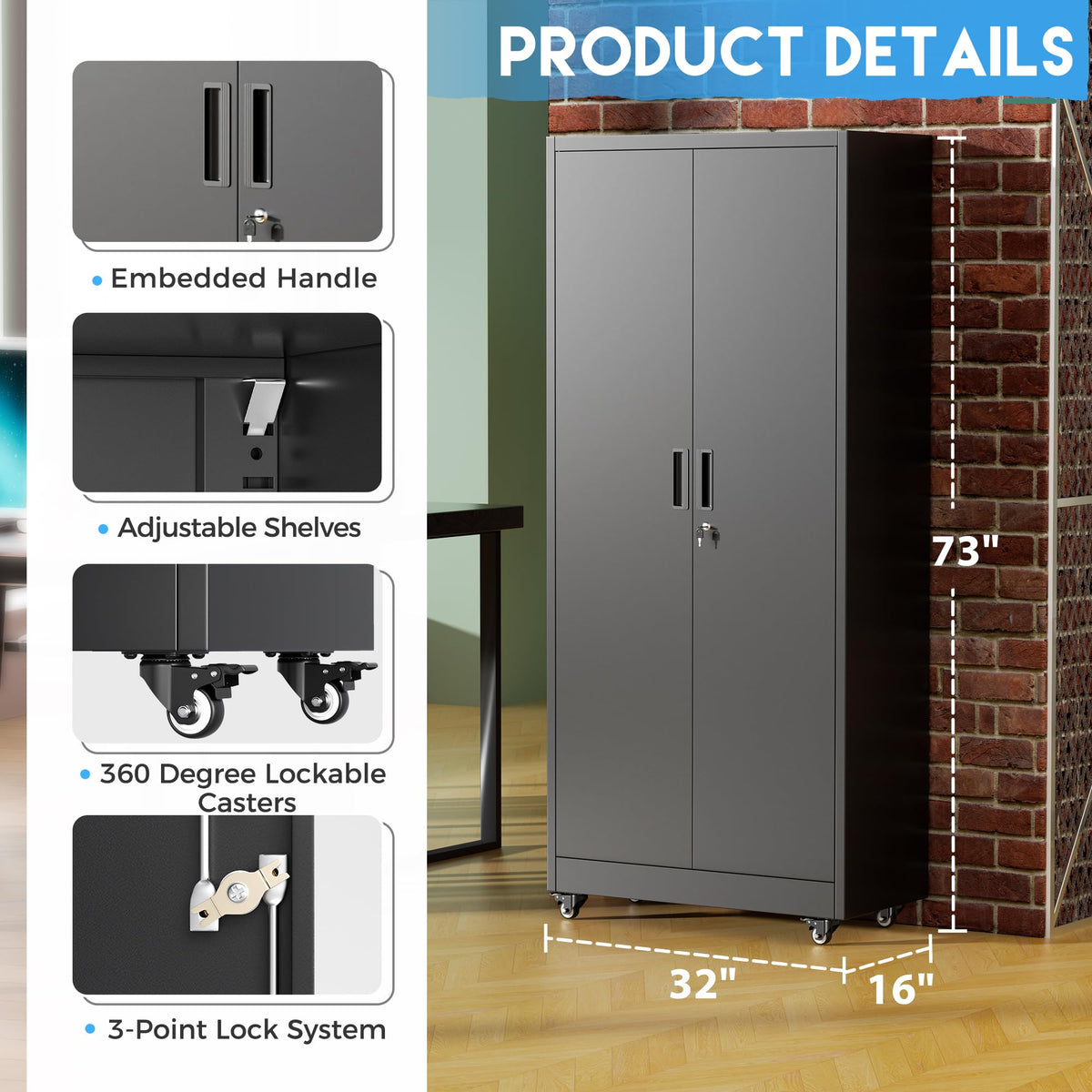 Black Metal Storage Cabinet with 4 Swivel Wheels T733979