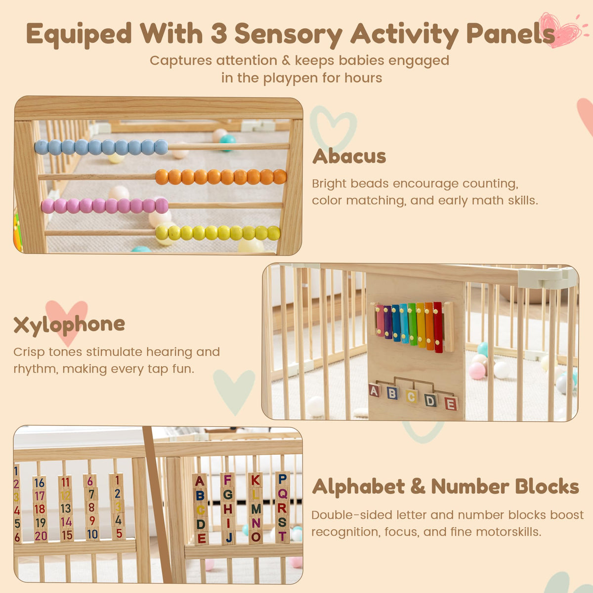 Wooden Playpen with 3 Learning Toys Z53578