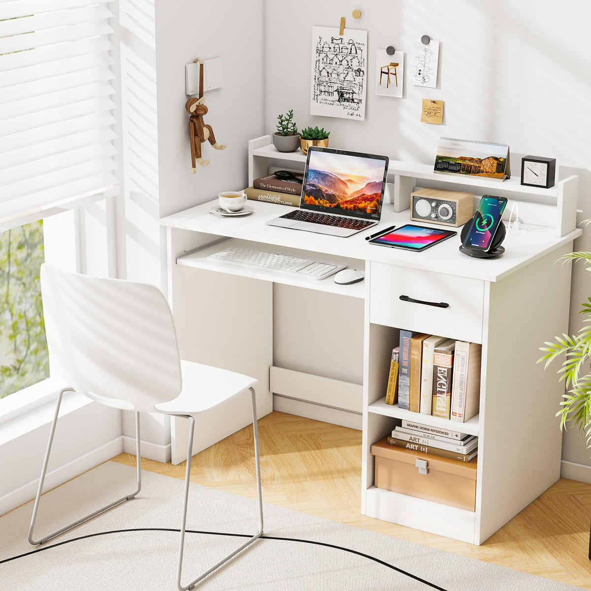 White Desk with Drawer and Keyboard Tray W86323