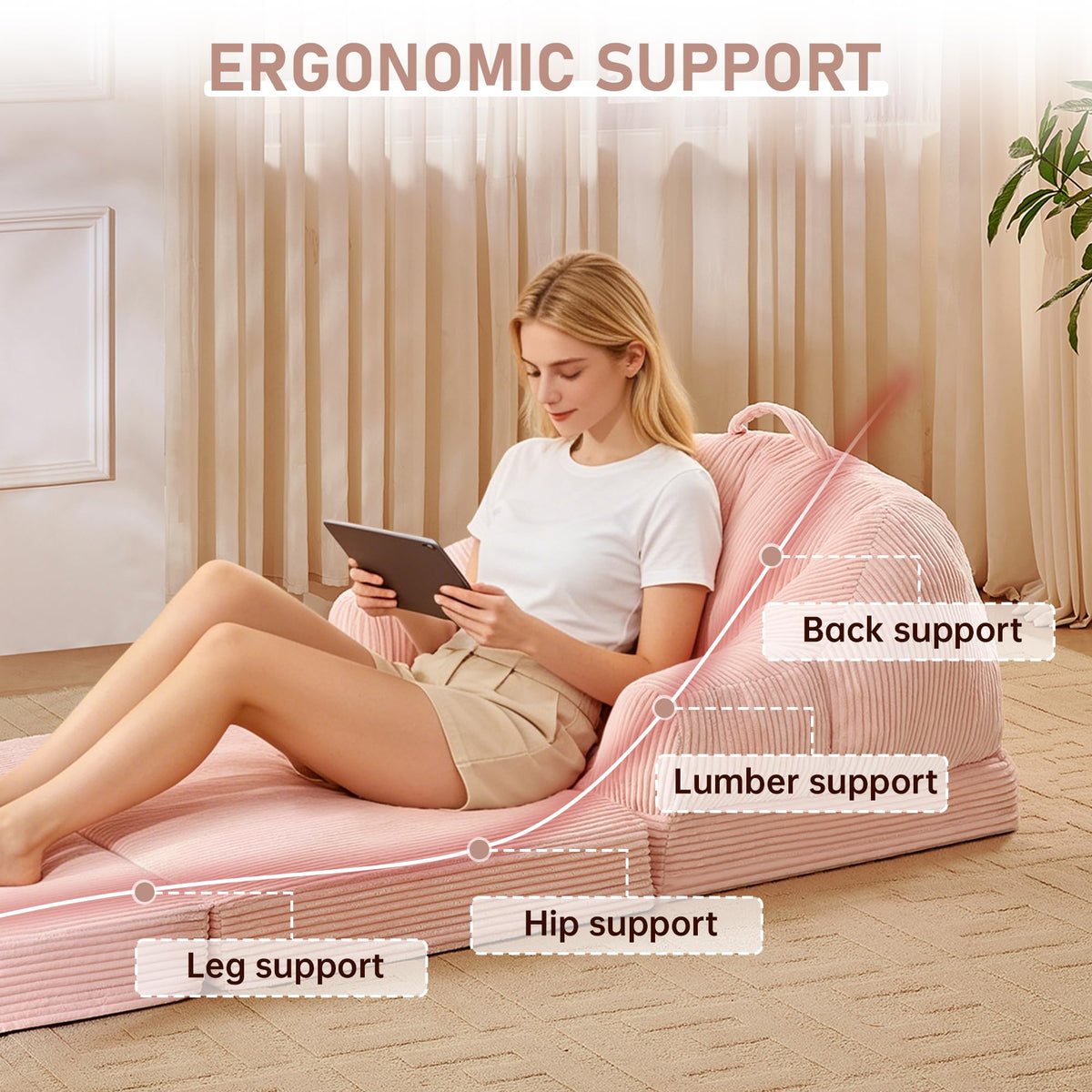 Pink 3-in-1 Convertible Folding Sofa Bed T3607