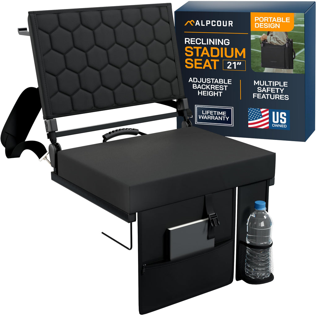 Extra Wide Folding Reclining Stadium Seat with Cup Holder and Storage Pockets M657656