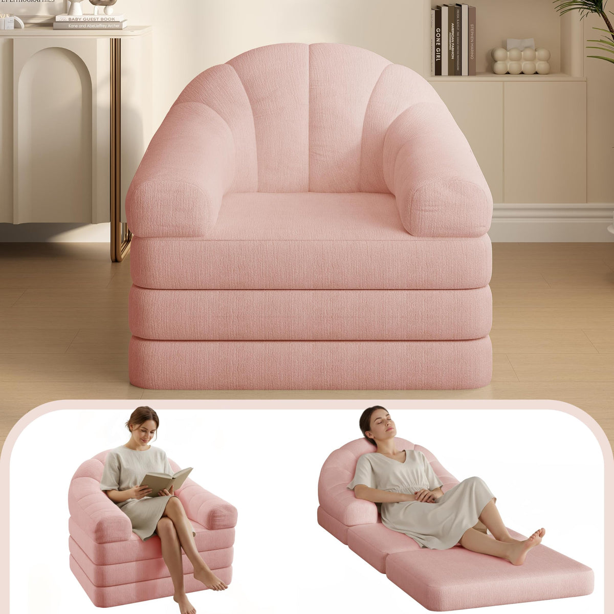 Pink Chenille Convertible Sofa Bed M888