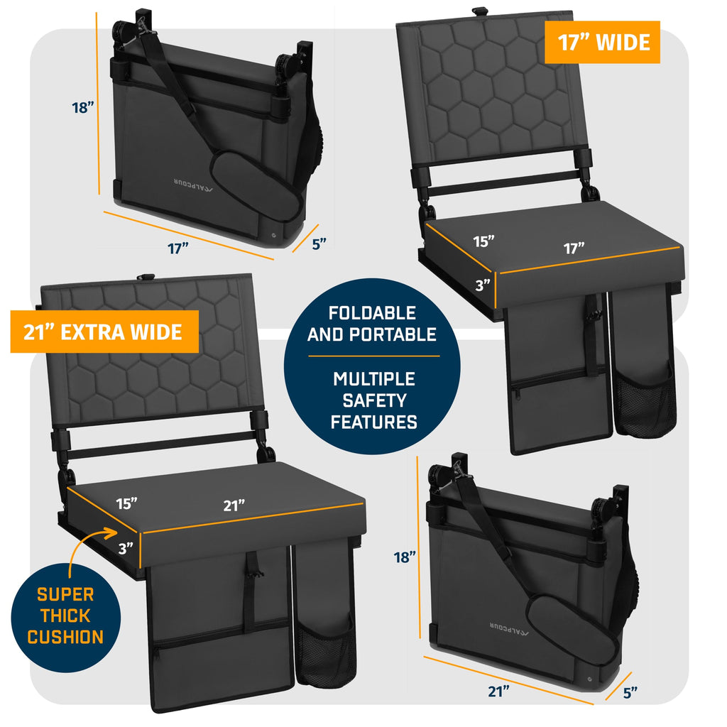 Extra Wide Folding Reclining Stadium Seat with Cup Holder and Storage Pockets M657656