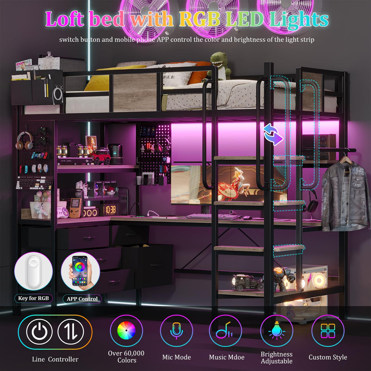 Twin Size Loft Bed with Desk and 5 Drawer P4537