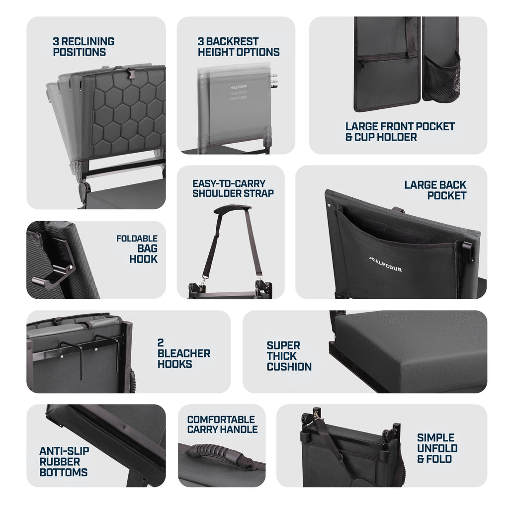 Extra Wide Folding Reclining Stadium Seat with Cup Holder and Storage Pockets M657656