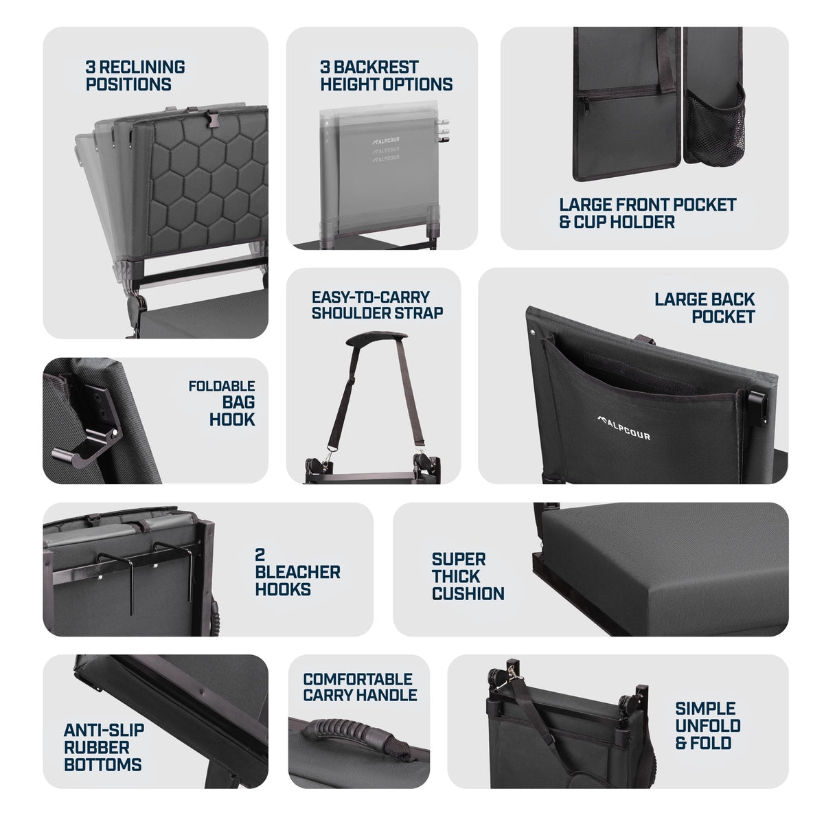 Extra Wide Folding Reclining Stadium Seat with Cup Holder and Storage Pockets M657656
