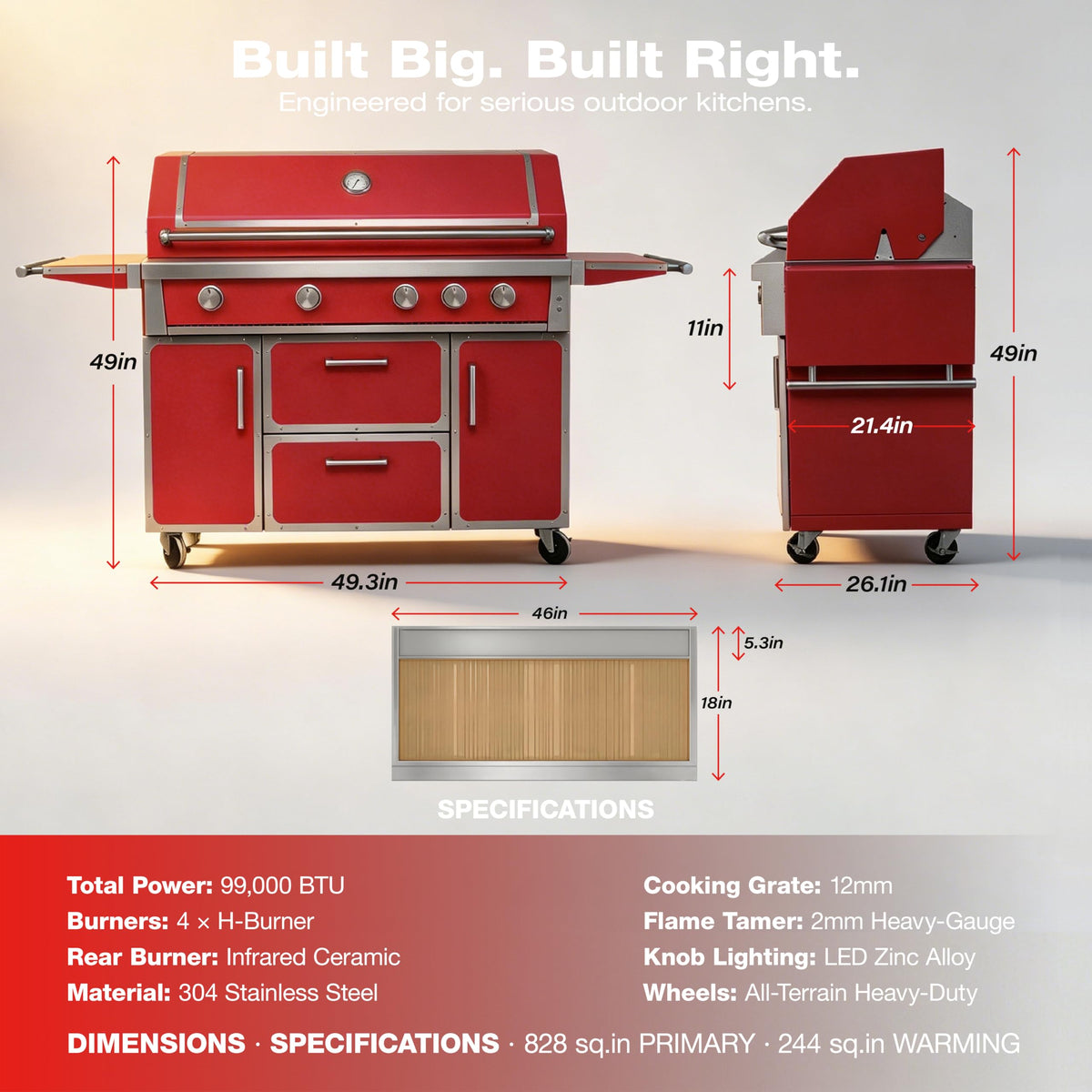 49" Propane Gas Grill, 304 Stainless Steel, 99K BTU, 828 Sq.In M195447