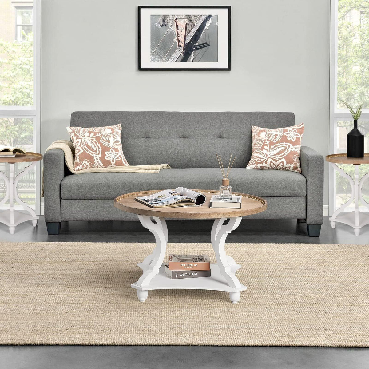 Farmhouse Round Coffee Table with Storage Shelf I6329