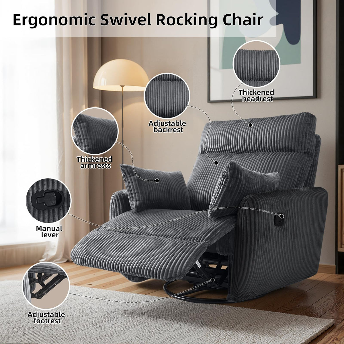 Gray Corduroy Swivel Recliner Chair E11884