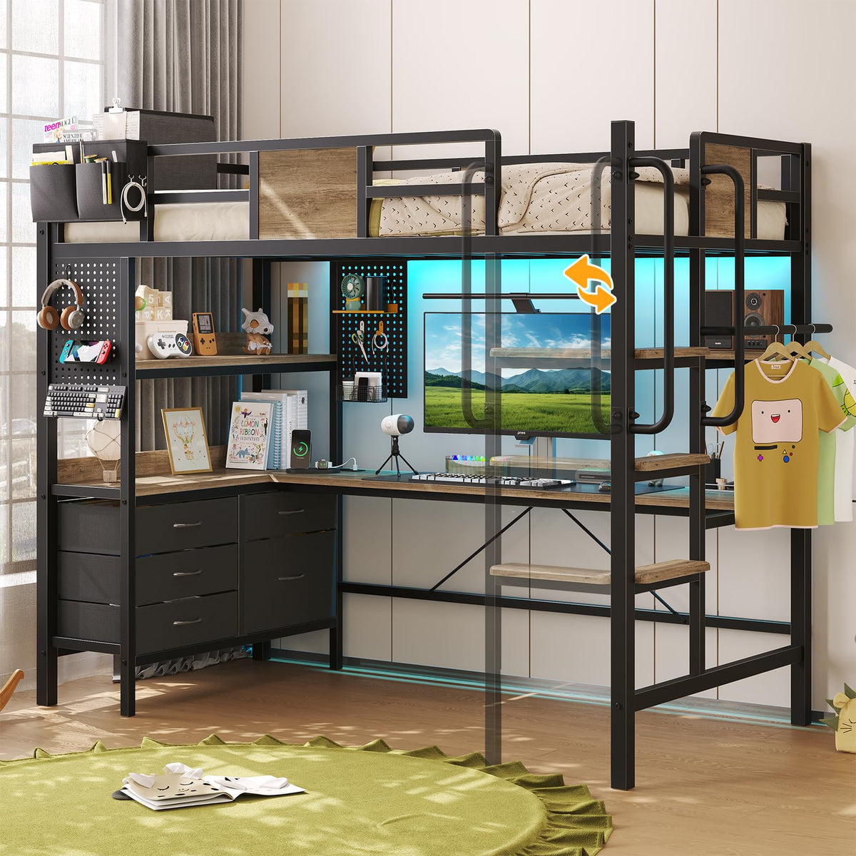 Twin Size Loft Bed with Desk and 5 Drawer P4537