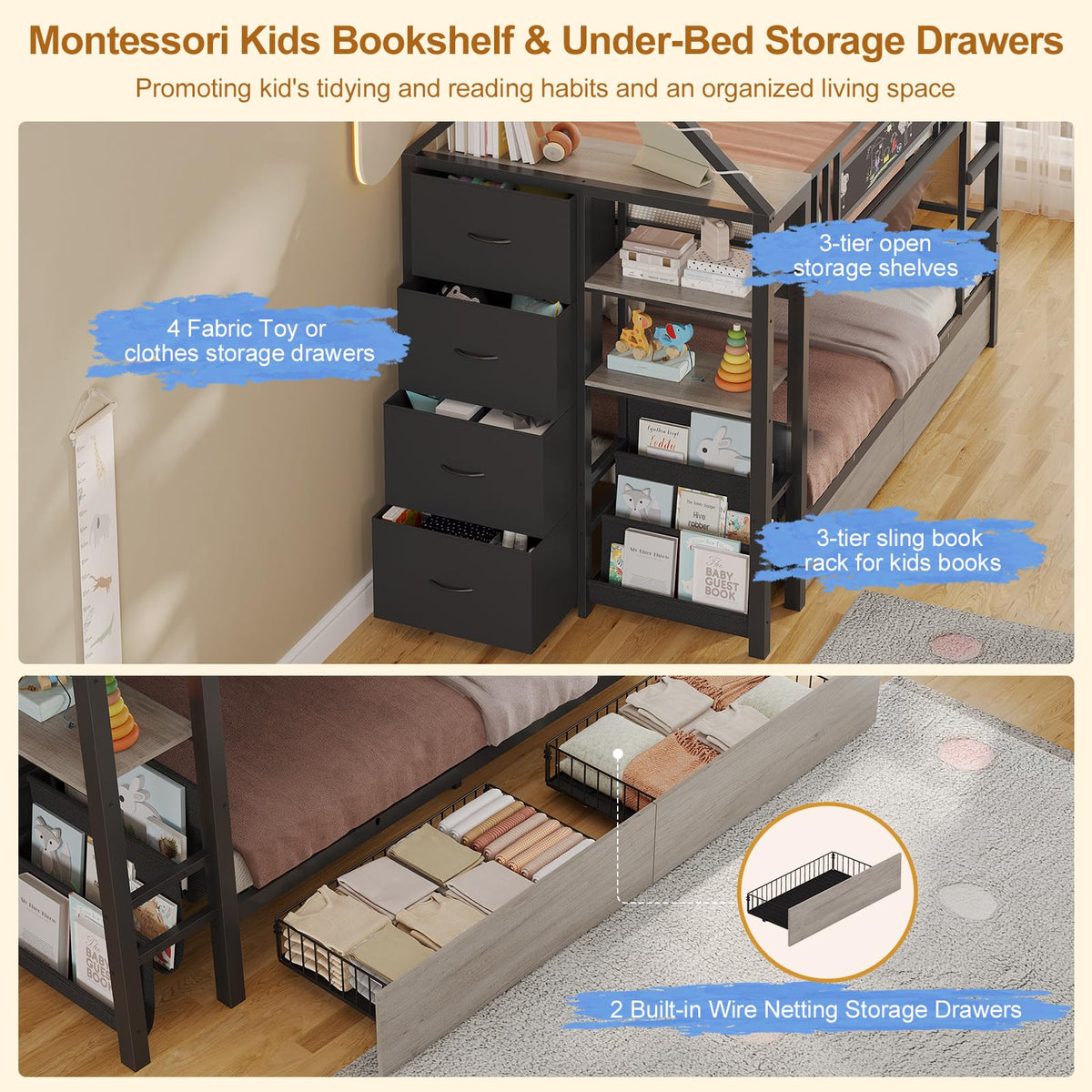 Twin Bunk Bed with Storage Bookshelf, 6 Drawers & USB V10225