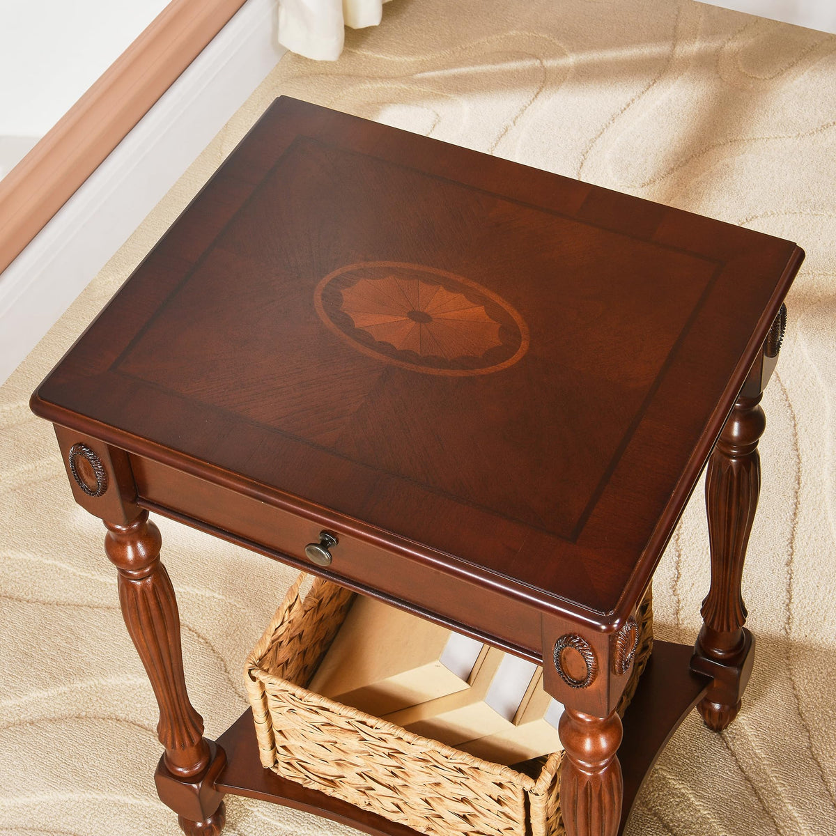 Solid Wood Side Table with Drawer, Cherry Walnut E57284