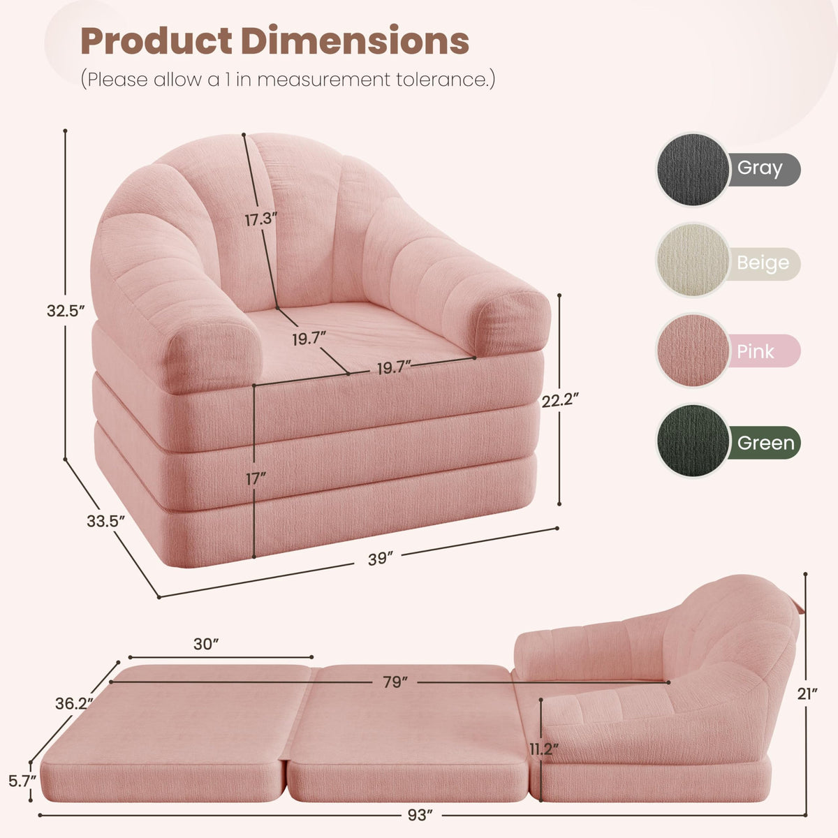 Pink Chenille Convertible Sofa Bed M888