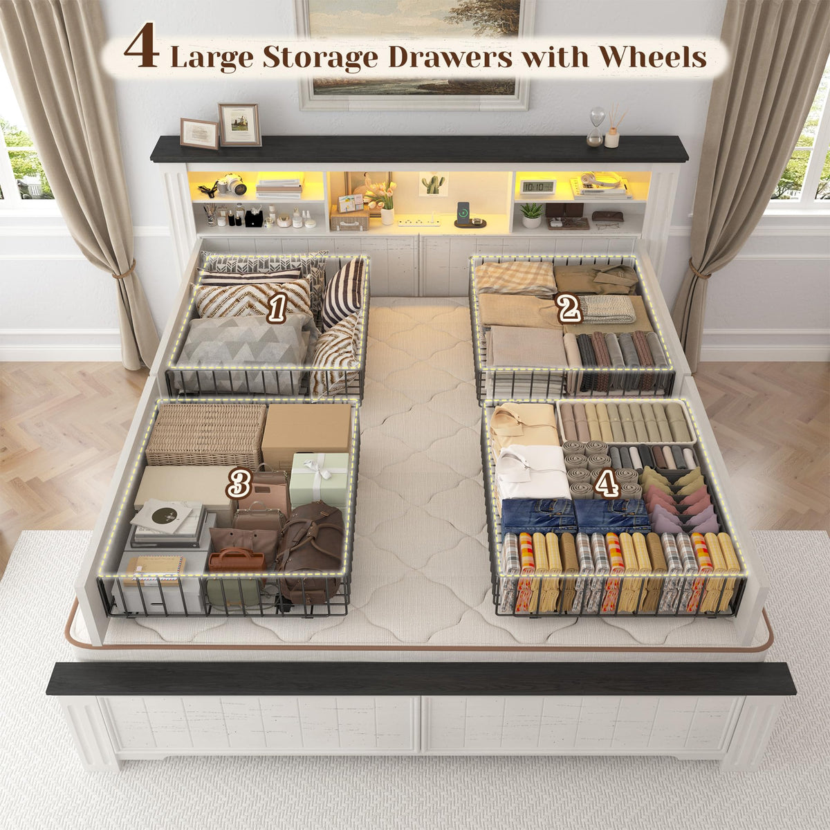 White Full Size Bed Frame with Headboard and Storage V800501