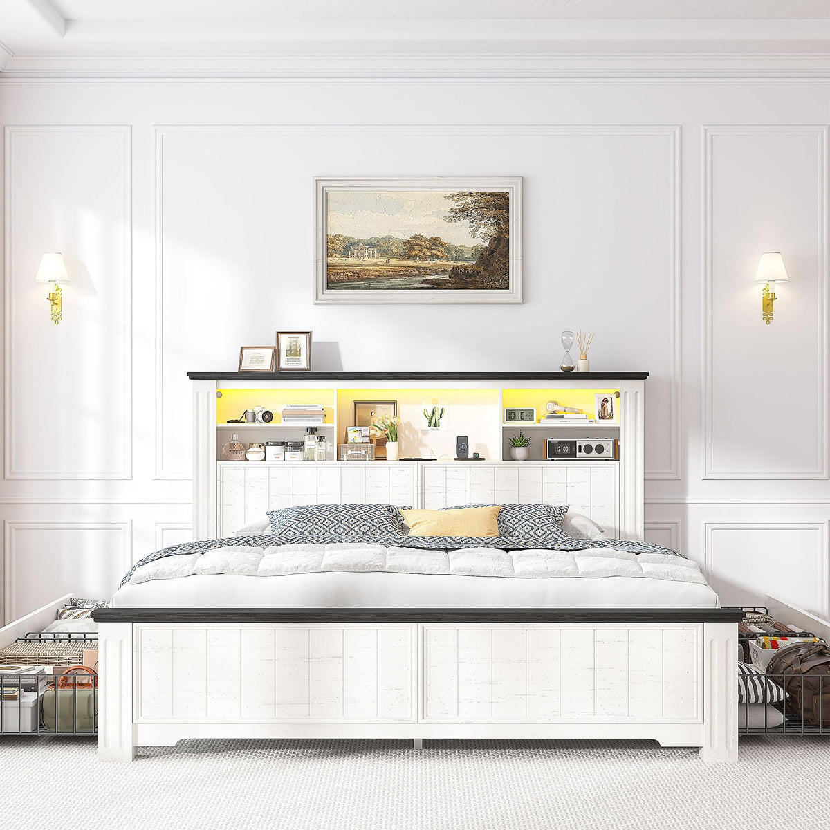 White Full Size Bed Frame with Headboard and Storage V800501