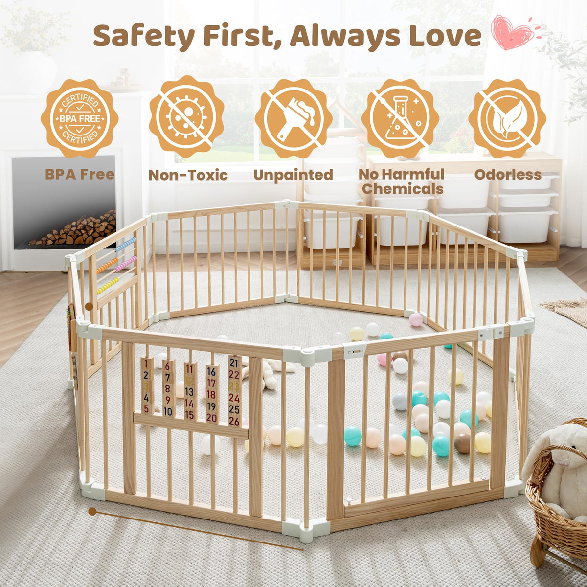 Wooden Playpen with 3 Learning Toys Z53578