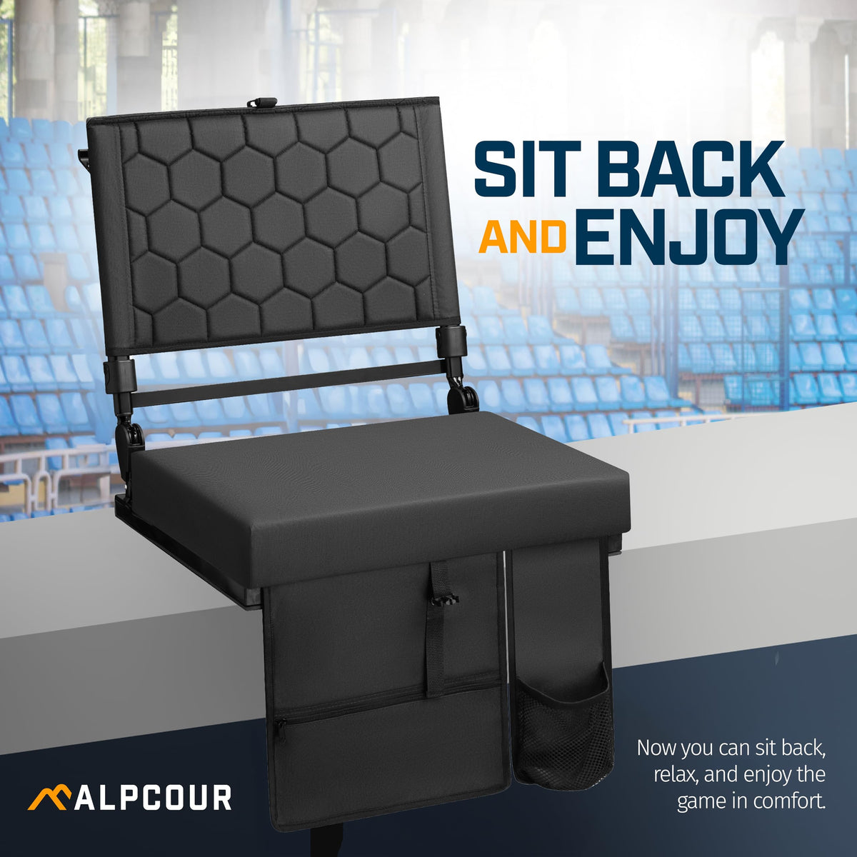 Extra Wide Folding Reclining Stadium Seat with Cup Holder and Storage Pockets M657656
