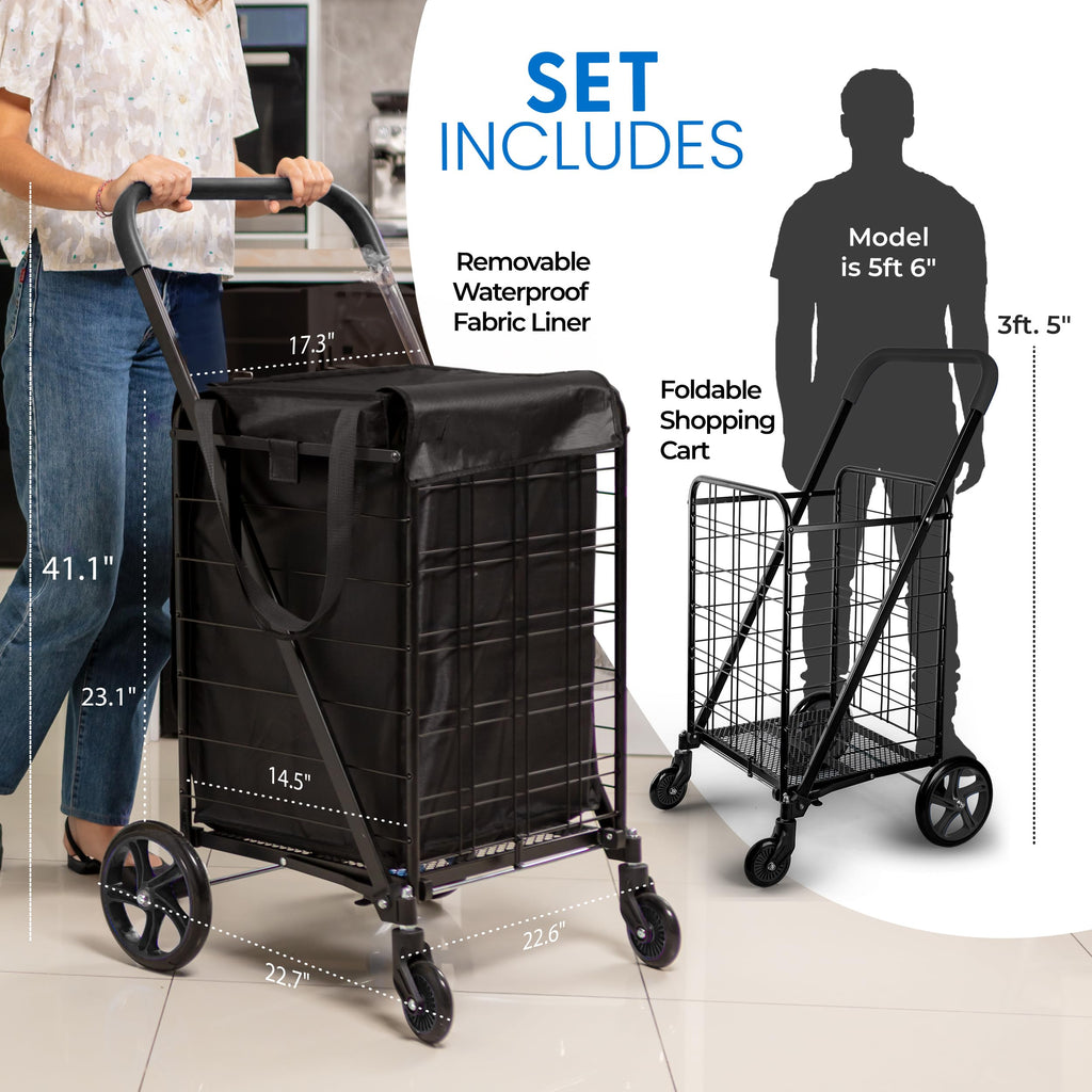 Large Folding Utility Shopping Cart with Removable Liner, 110 lb Capacity, Black C186