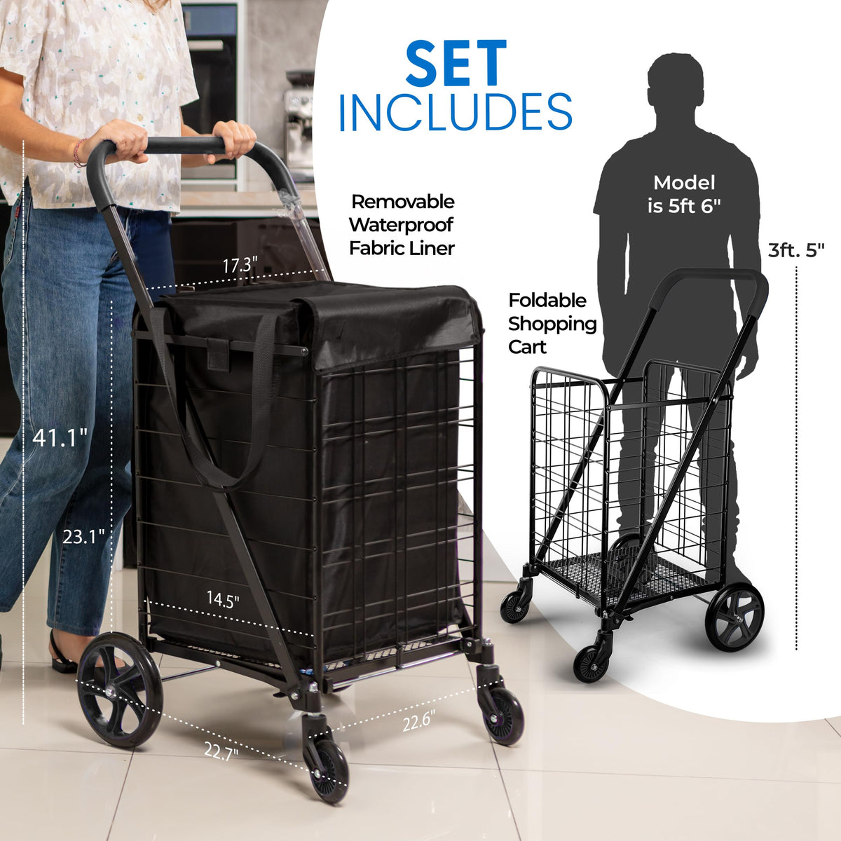 Large Folding Utility Shopping Cart with Removable Liner, 110 lb Capacity, Black C186