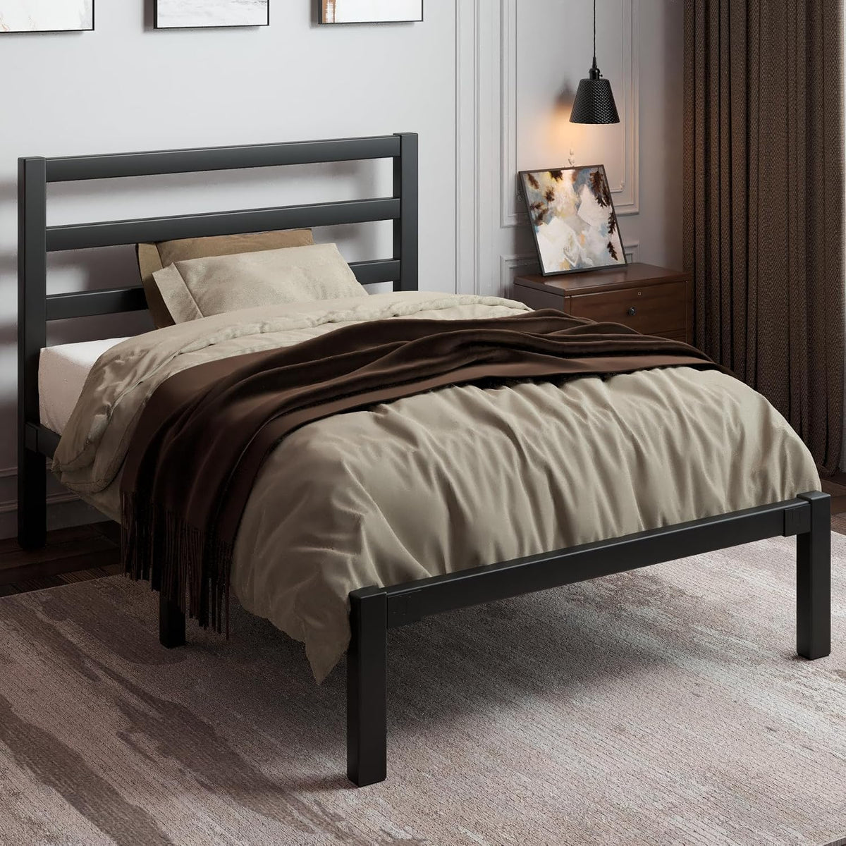 Twin Size Black Metal Bed Frame with Headboard T1184