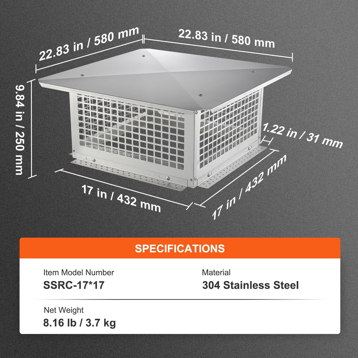 17x17 inch 304 Stainless Steel Chimney Cap D8658