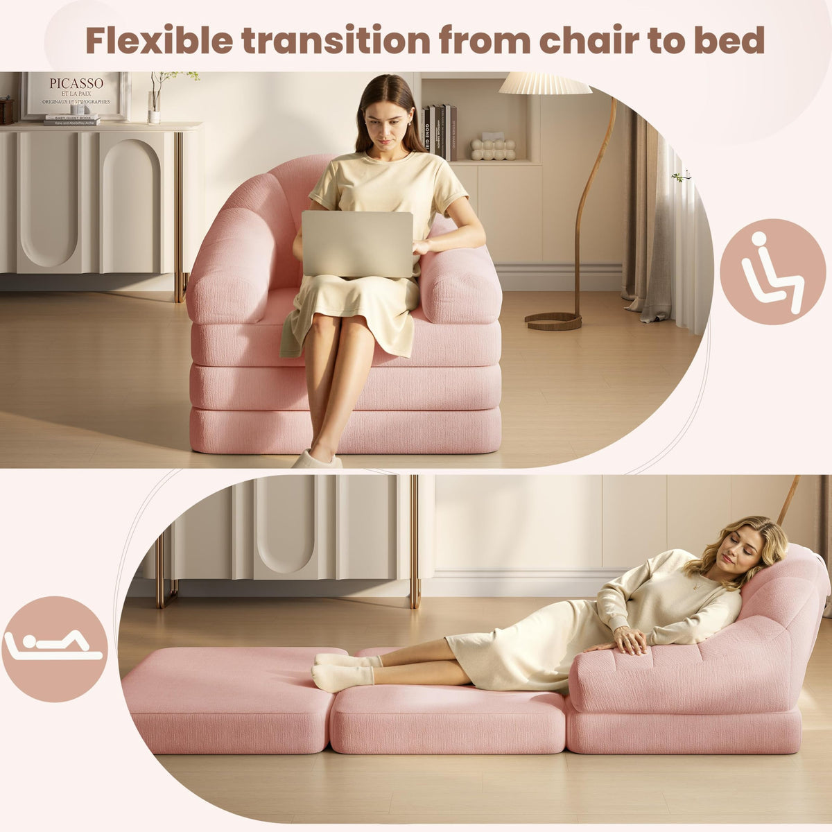 Pink Chenille Convertible Sofa Bed M888