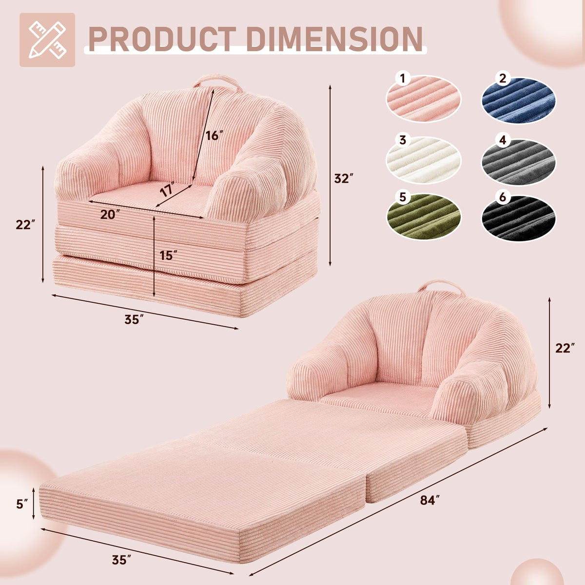 Pink 3-in-1 Convertible Folding Sofa Bed T3607