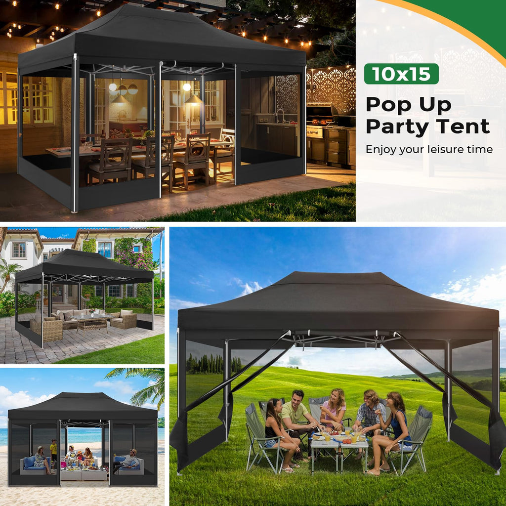 10x15 Heavy Duty Pop Up Canopy with 4 Mosquito Net Sidewalls, Black A4392