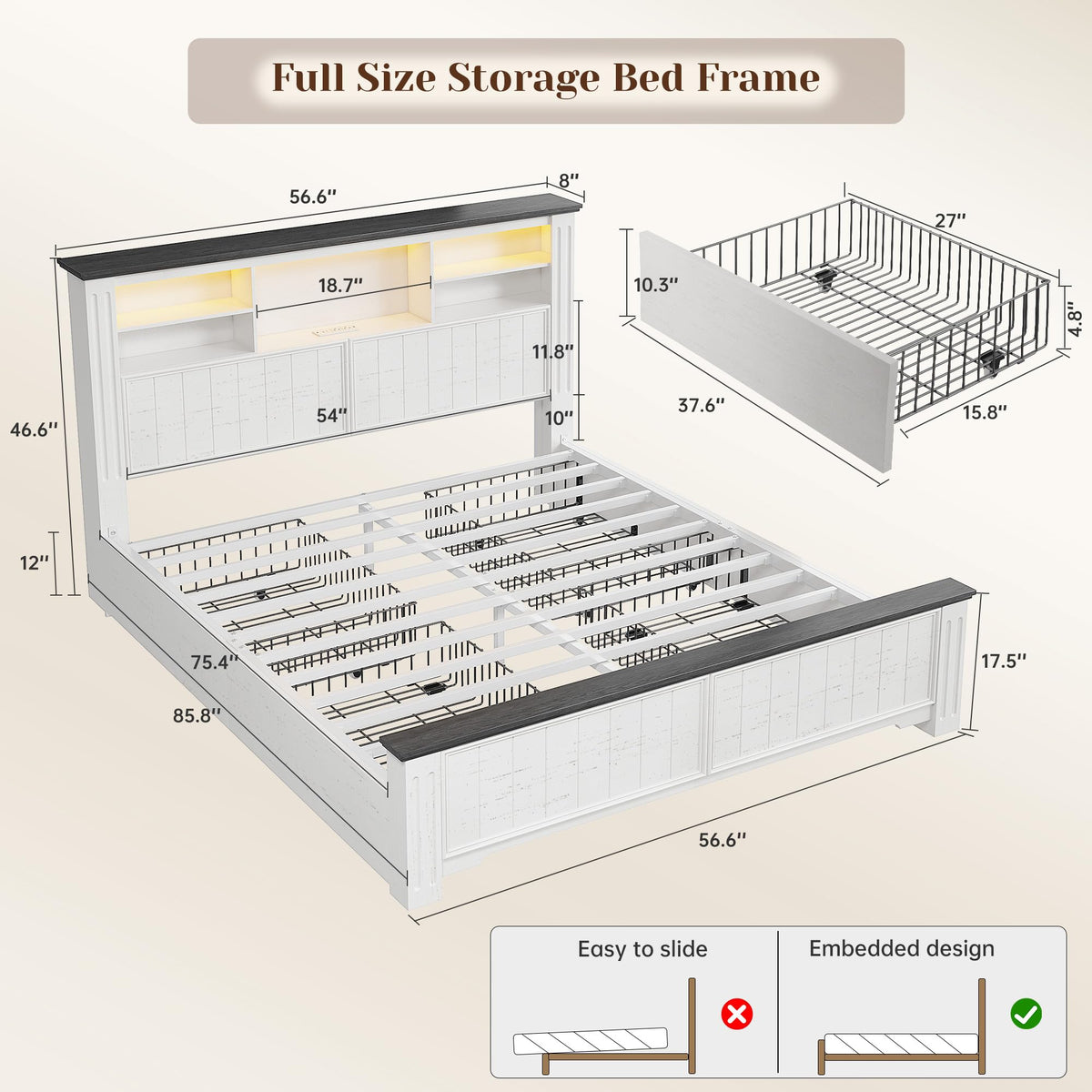 White Full Size Bed Frame with Headboard and Storage V800501