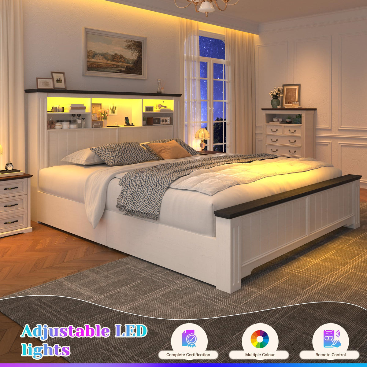 White Full Size Bed Frame with Headboard and Storage V800501