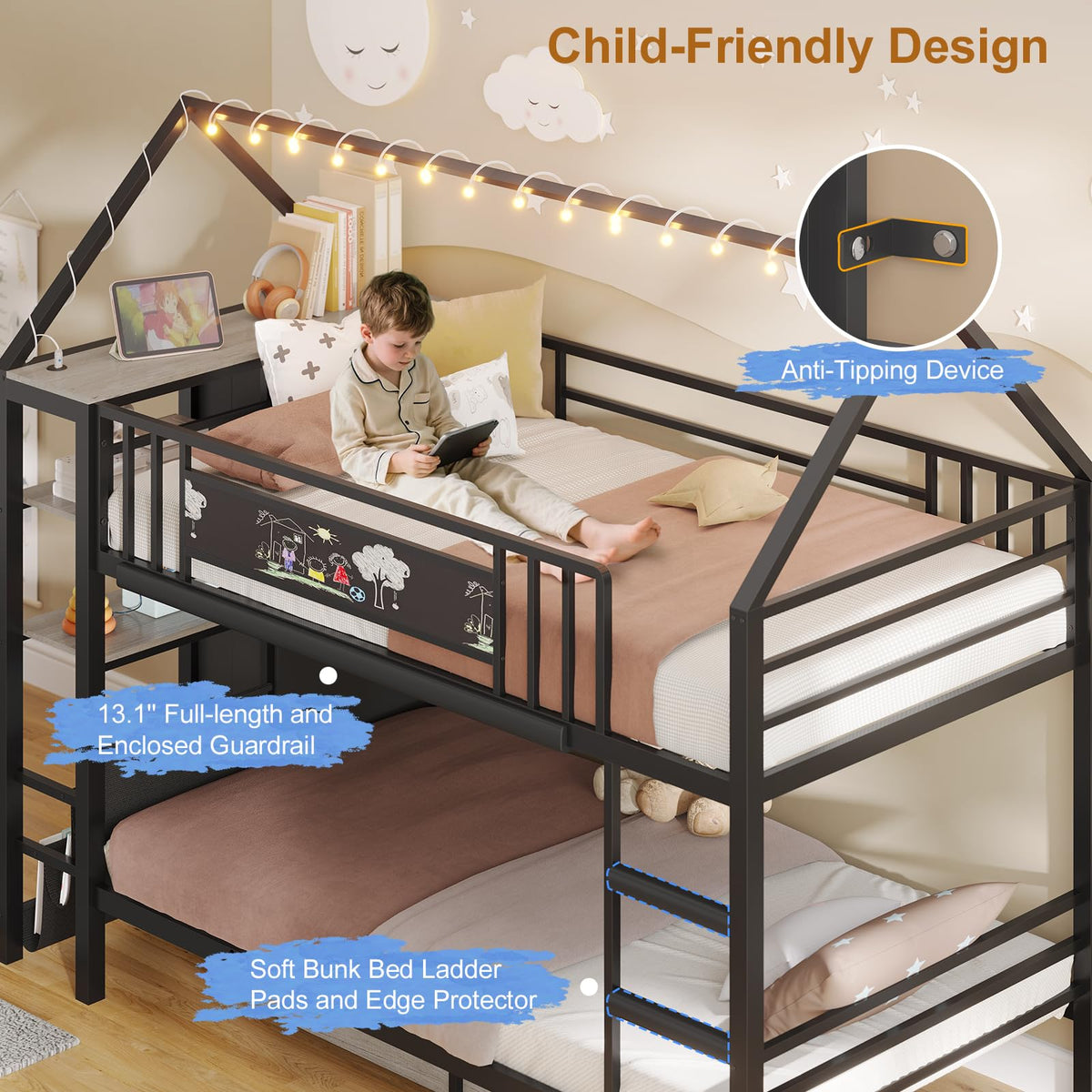 Twin Bunk Bed with Storage Bookshelf, 6 Drawers & USB V10225