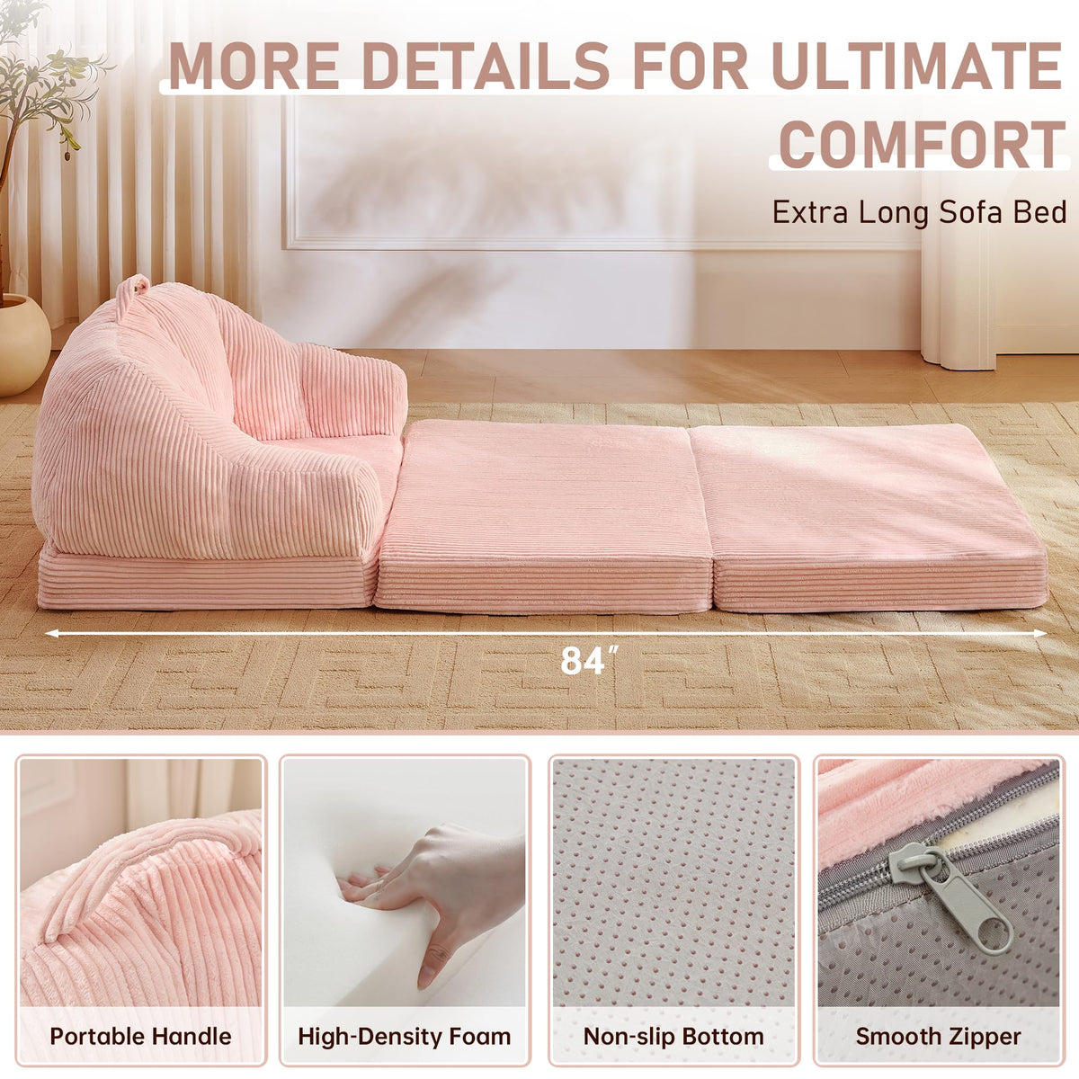 Pink 3-in-1 Convertible Folding Sofa Bed T3607