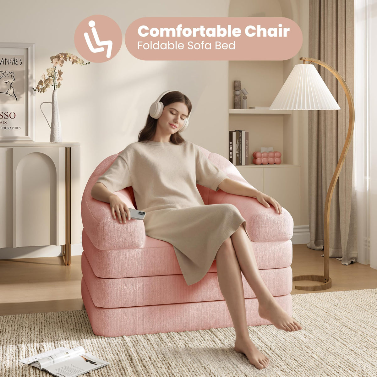 Pink Chenille Convertible Sofa Bed M888