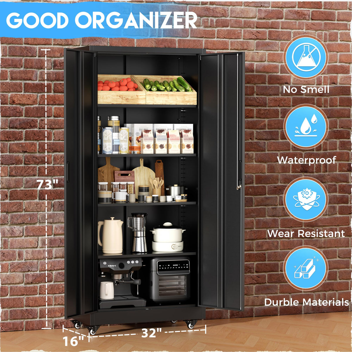 Black Metal Storage Cabinet with 4 Swivel Wheels T733979
