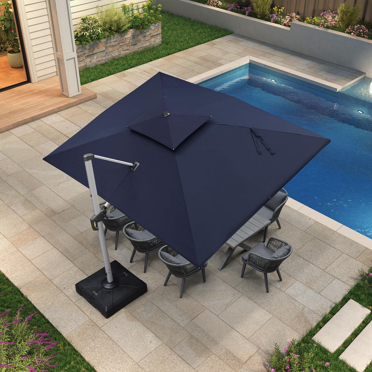 Navy Blue 9' X 12' Patio Cantilever Umbrella with Base N1597