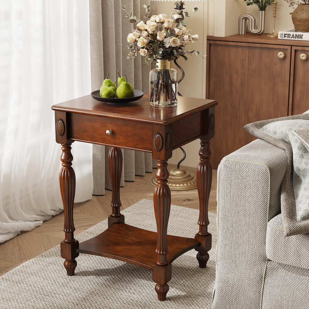 Solid Wood Side Table with Drawer, Cherry Walnut E57284