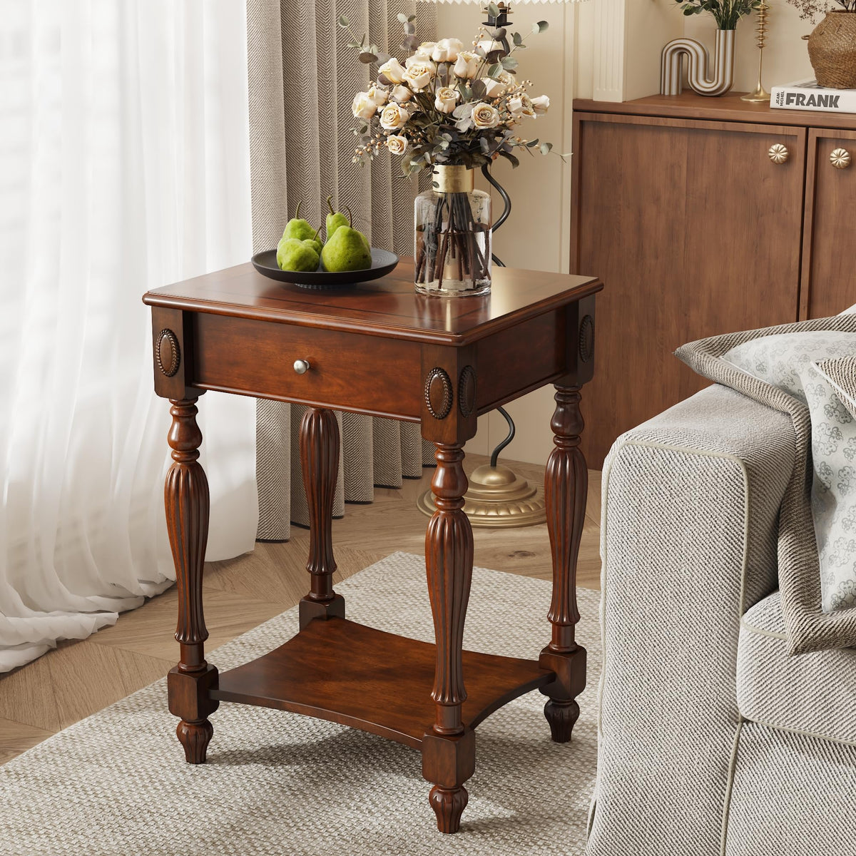 Solid Wood Side Table with Drawer, Cherry Walnut E57284