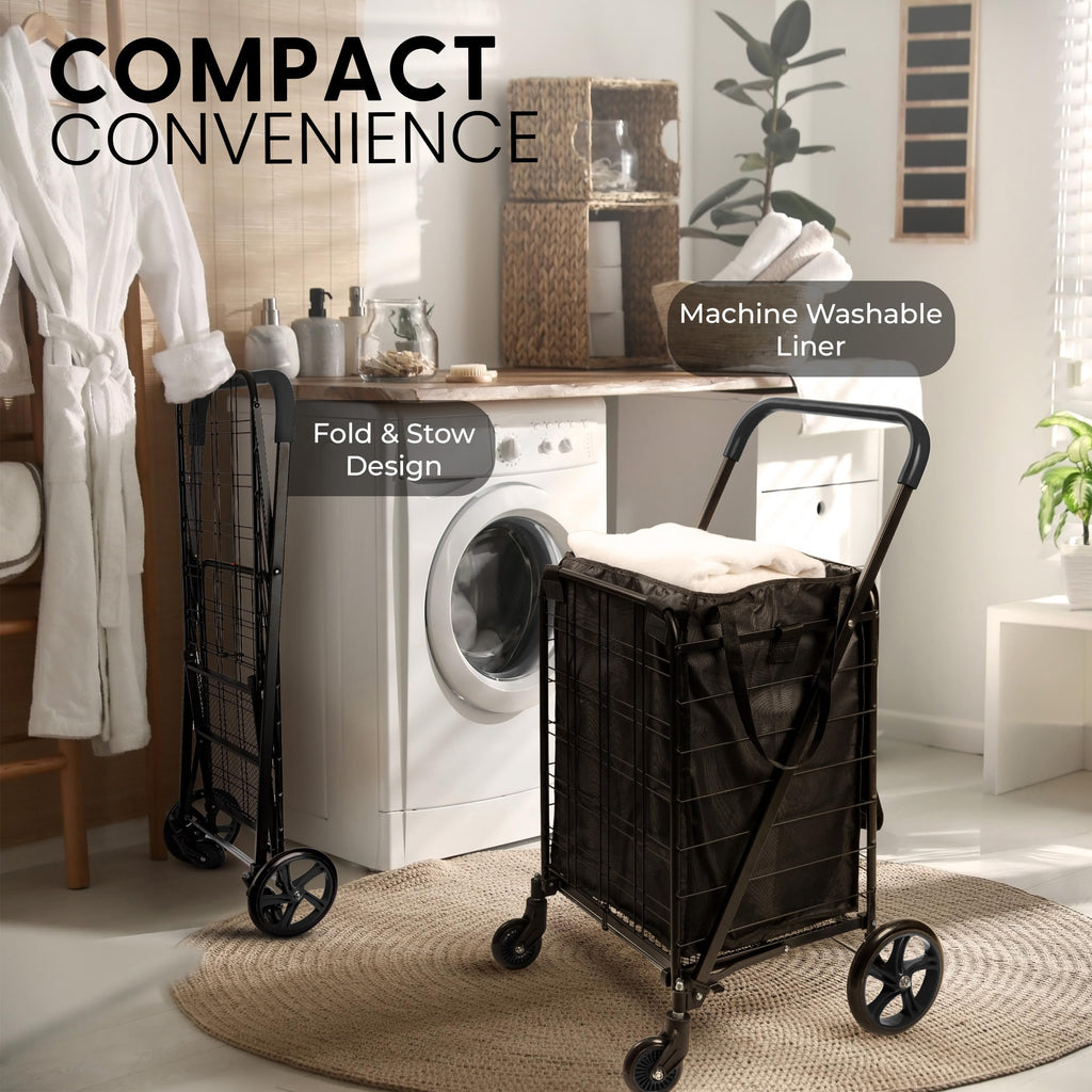 Large Folding Utility Shopping Cart with Removable Liner, 110 lb Capacity, Black C186
