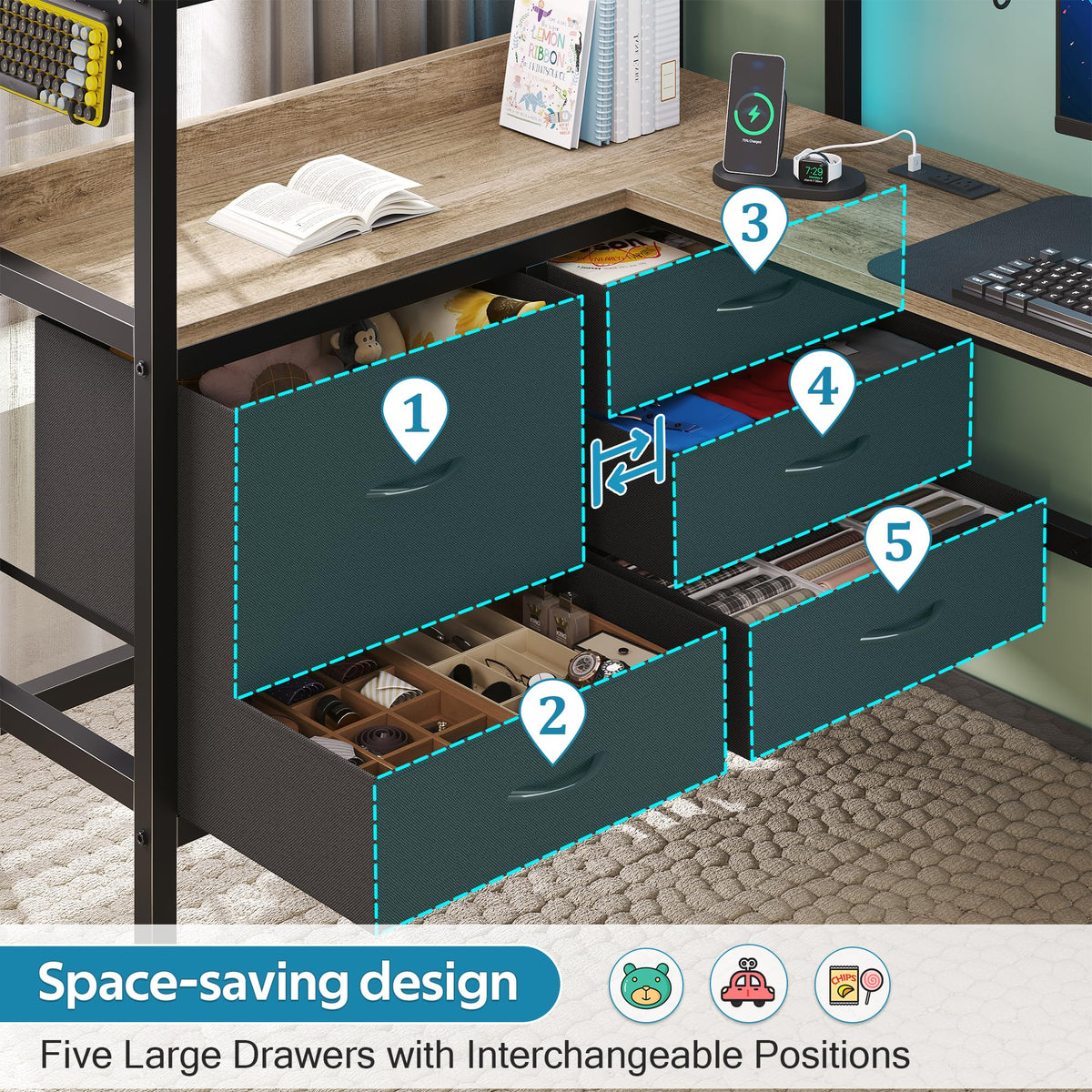 Twin Size Loft Bed with Desk and 5 Drawer P4537