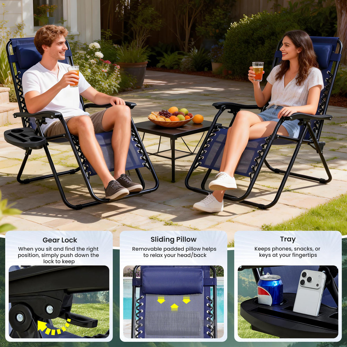 2-Pack Navy Blue Zero Gravity Lounge Chair Recliners L8888