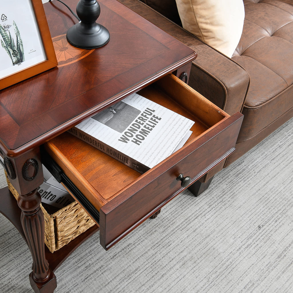 Solid Wood Side Table with Drawer, Cherry Walnut E57284